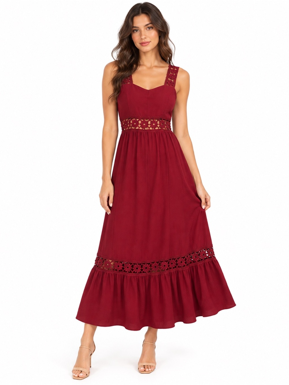 Sleeveless Burgundy Maxi Dress with Lace Insets